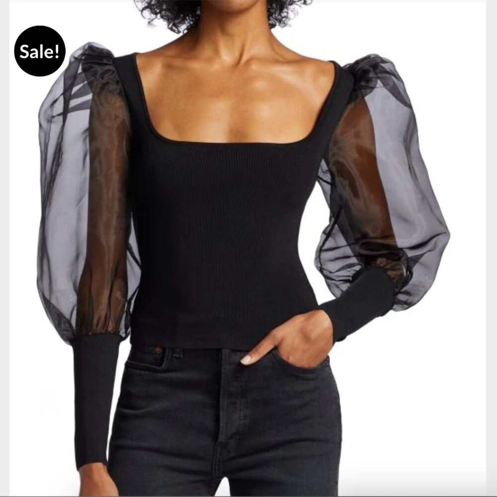 Alice + Olivia NWT Black Abella Sheer Puff-Sleeve Top - Size M - Picture 4 of 13